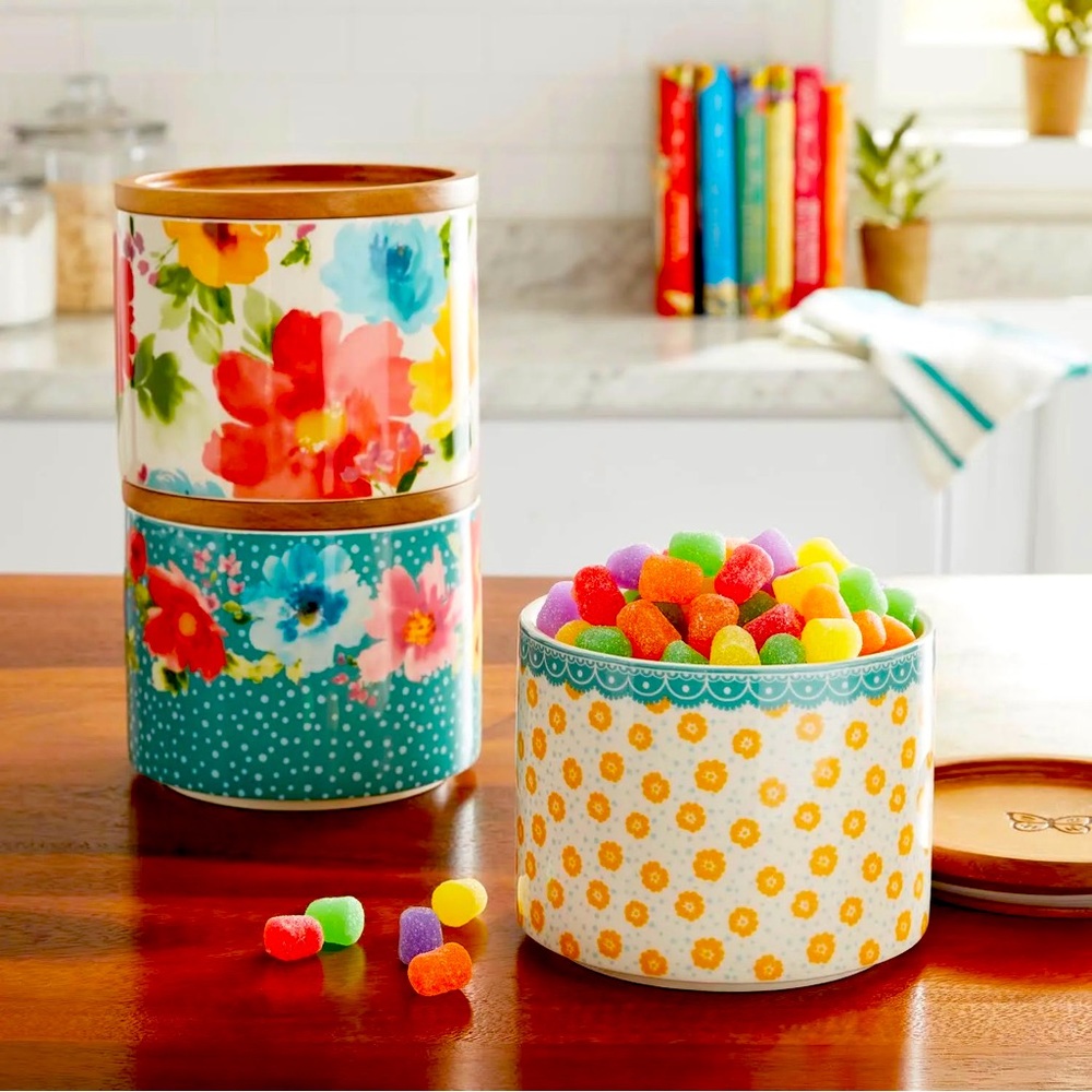 Pioneer Woman 3 Piece Canister The vibrant color/cheerful patterns are dredging